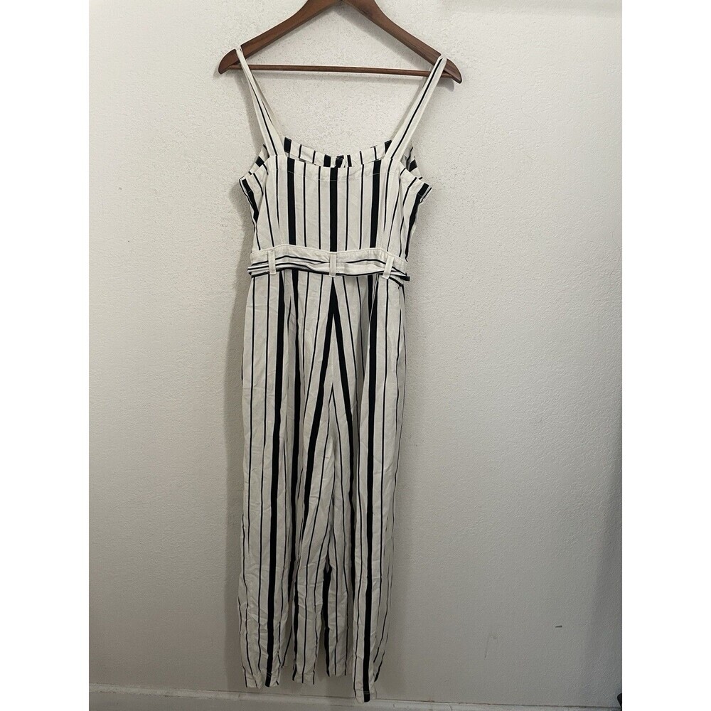 LOFT Women’s Size 6 Black Striped Jumpsuit Linen Blend Belted Button Front Chic - Picture 3 of 9